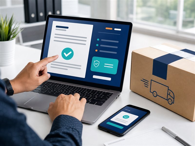 Electronic shipping invoice being confirmed on a laptop