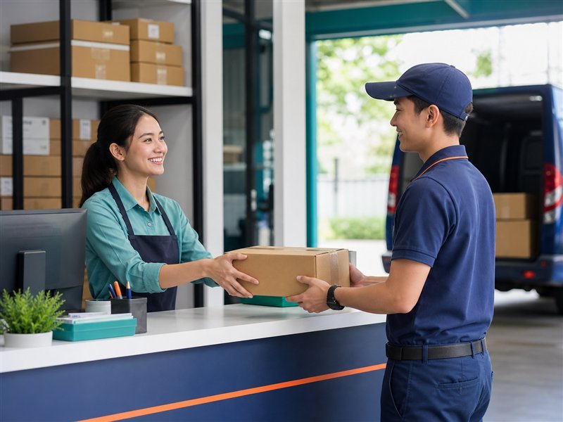 A customer handing a prepared parcel to an NST Cargo courier