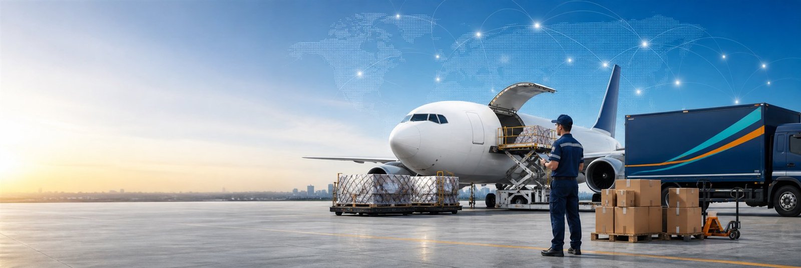 NST Cargo aircraft, delivery truck, parcels, and logistics team at a modern cargo terminal