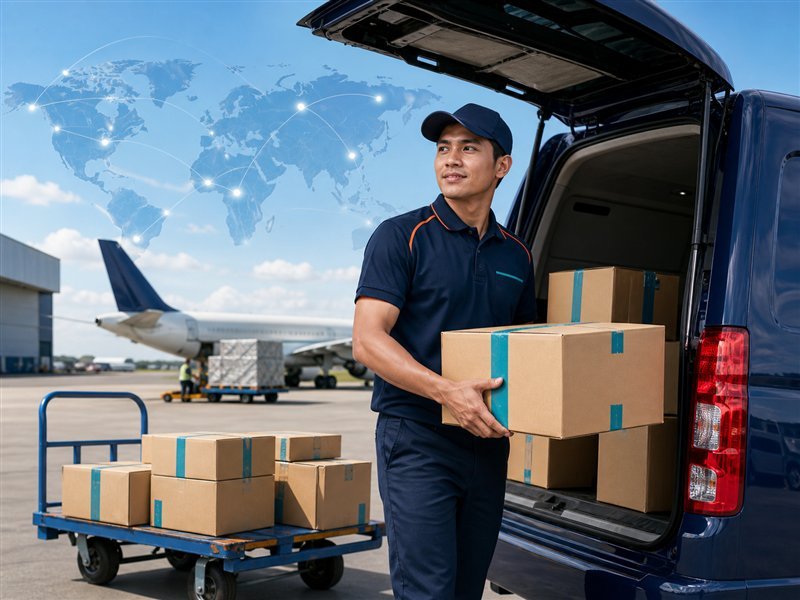 NST Cargo courier preparing an international express delivery
