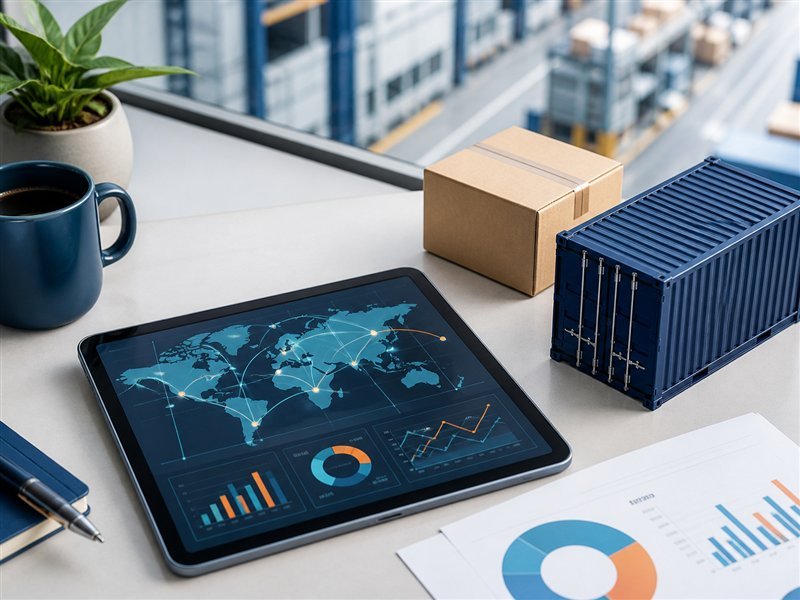 Digital cargo routes and logistics insights on a tablet