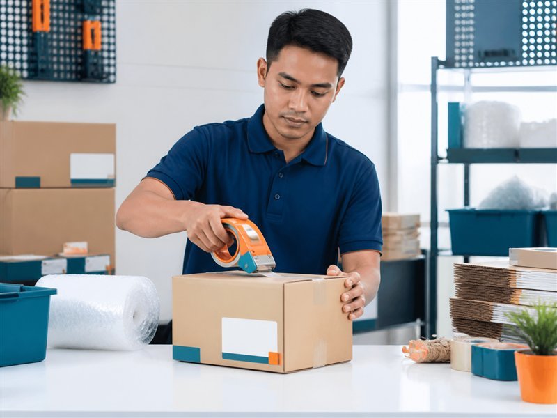 NST Cargo team member carefully packing a parcel
