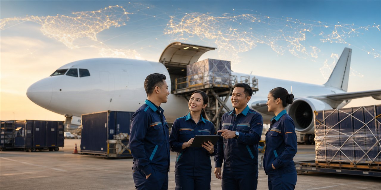 NST Cargo logistics team collaborating beside a cargo aircraft